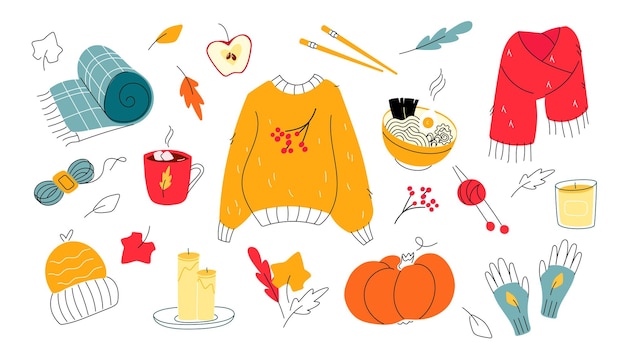 Ropa de abrigo de otoño y objetos acogedores para el hogar. Estilo plano moderno con elementos dibujados a mano.