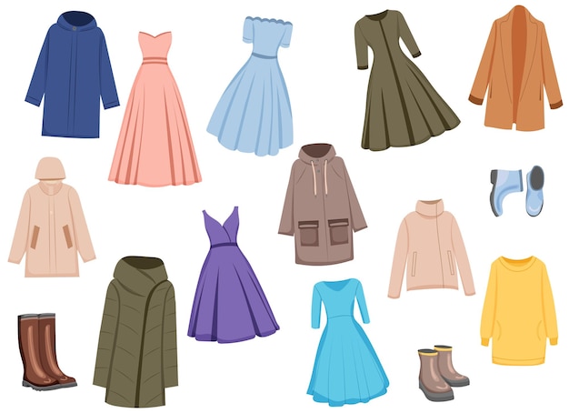 Ropa abrigos vestidos en vector aislado de colección de estilo plano