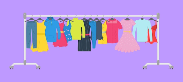Ropa y accesorios Conjunto de iconos de moda. Nueva colección de moda. Ropa casual para hombres y mujeres en una percha en la tienda. Concepto de venta estacional.