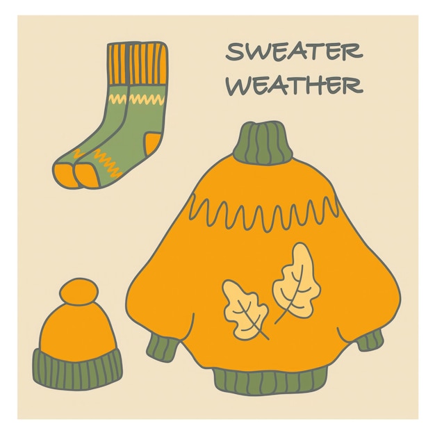 Ropa acogedora de otoño con un suéter naranja calcetines verdes y un gorro a juego