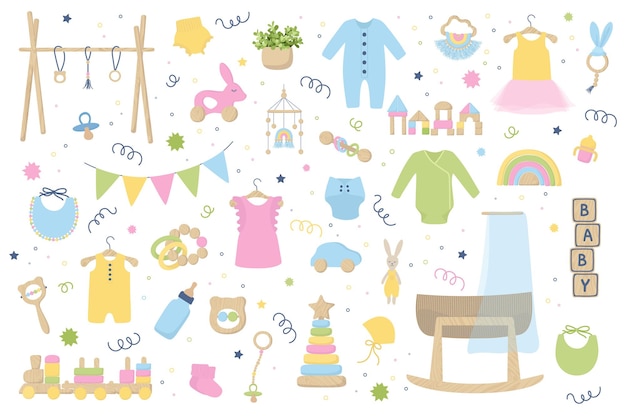 Ropa de bebé de moda, complementos y juguetes de madera. Guardería de recogida cero residuos con body, juguetes montessori, cuna, moisés. Conjunto de ilustración de vector dibujado a mano aislado sobre fondo blanco.