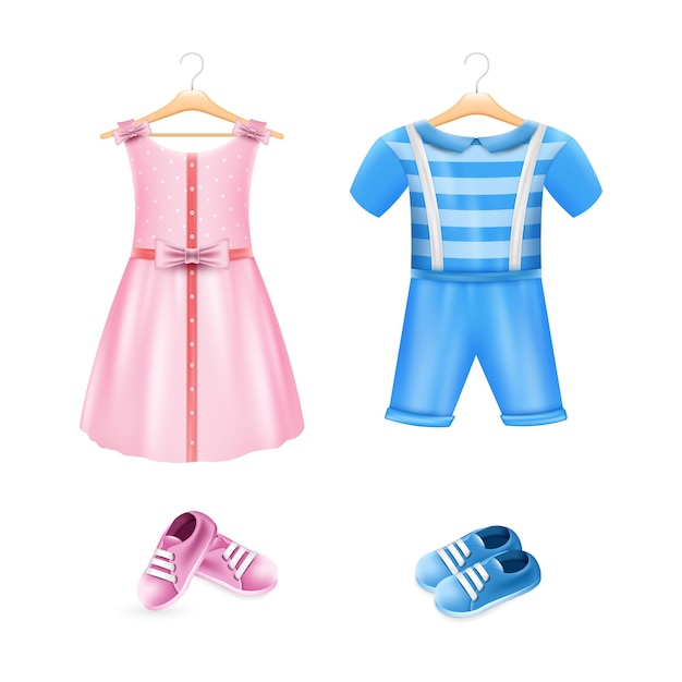 Ropa para bebé niño y niña Vestido rosa realista mameluco azul y zapatos para niño infantil