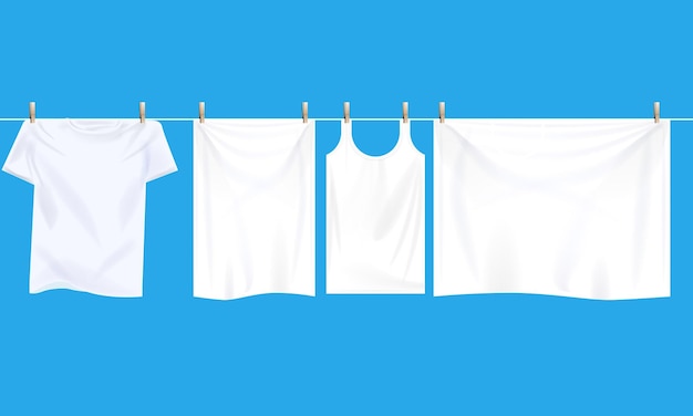 Ropa blanca brillante colgando de un alambre para secar Vector ilustrado realista