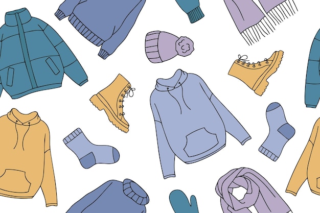 Ropa cálida de otoño e invierno patrón sin costuras en estilo doodle colección vectorial de ropa y zapatos cálidos y acogedores ropa de temporada patrón sin costura ilustración vectorial