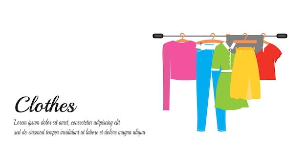 Ropa casual para hombres y mujeres en una percha en la tienda Nueva colección de moda Ropa y accesorios Conjunto de iconos de moda Concepto de venta estacional Ilustración vectorial de un estilo de plano plano EPS 10