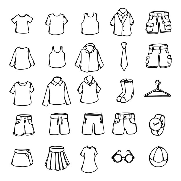 Ropa Conjunto de iconos vectoriales de Doodle Ilustración de dibujo dibujado a mano