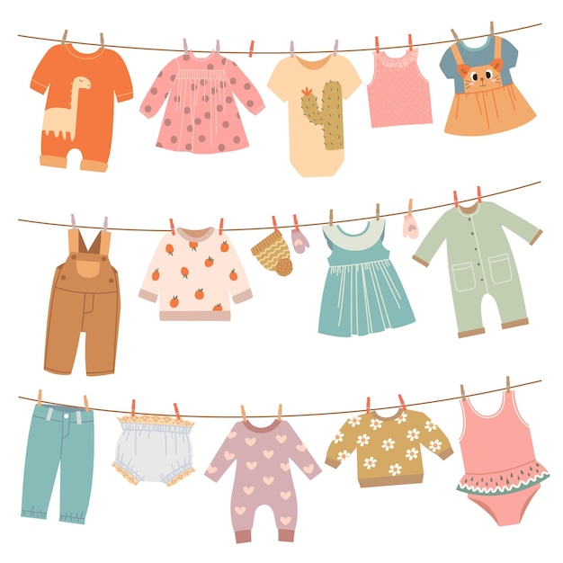 Ropa en cuerdas Vestido de bebé tela infantil colgar en la cuerda Ropa de niños lindos después de lavar en tendedero pijamas aislados ropa de lavandería conjunto de vectores con clase
