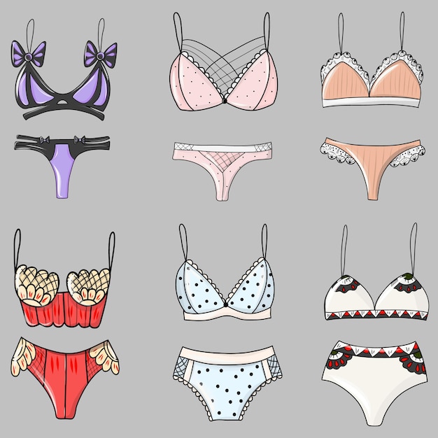 Ropa interior de dibujo a mano para mujer. Bragas, bikinis y sujetadores