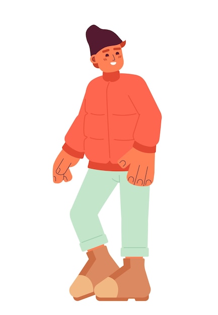 Ropa de invierno de adolescente sonriente personaje de dibujos animados 2d adolescente alegre persona vectorial aislada fondo blanco ropa de invierno adolescente masculino posando color ilustración de punto plano