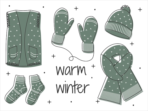 Ropa de invierno dibujada a mano con inscripción cálida de invierno Ropa cálida acogedora Traje de lana verde