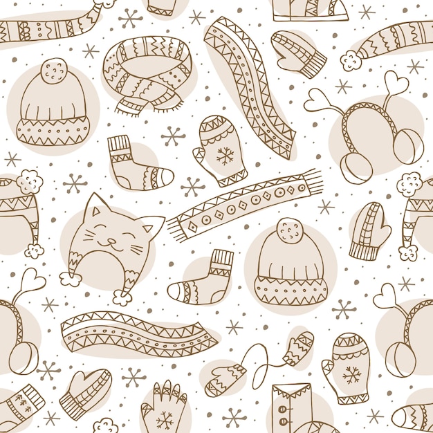 Ropa de invierno dibujada a mano Patrón sin costuras Adorno sin fin Ilustración vectorial en estilo garabato Estado de ánimo de invierno Hola 2023 Feliz Navidad y Feliz Año Nuevo Elementos marrones sobre un fondo blanco