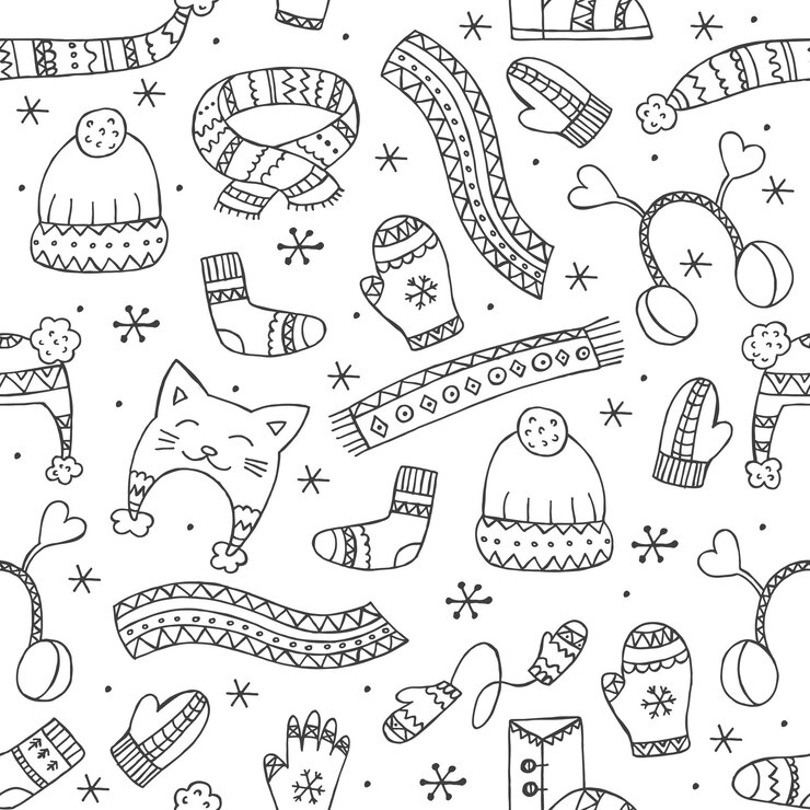 Ropa de invierno dibujada a mano Patrón sin costuras Adorno sin fin Ilustración vectorial en estilo garabato Estado de ánimo de invierno Hola 2023 Feliz Navidad y Feliz Año Nuevo Elementos negros sobre un fondo blanco