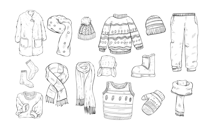 Vector ropa de invierno grabado de ilustración dibujado a mano