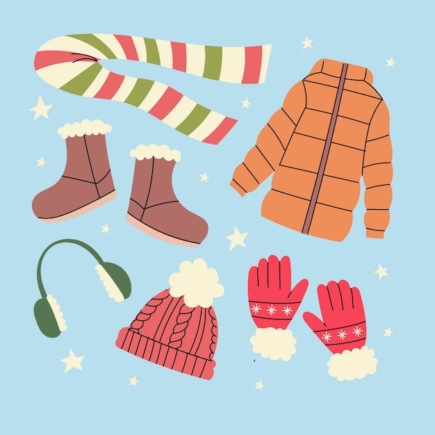 Ropa de invierno plana dibujada a mano y colección de artículos esenciales
