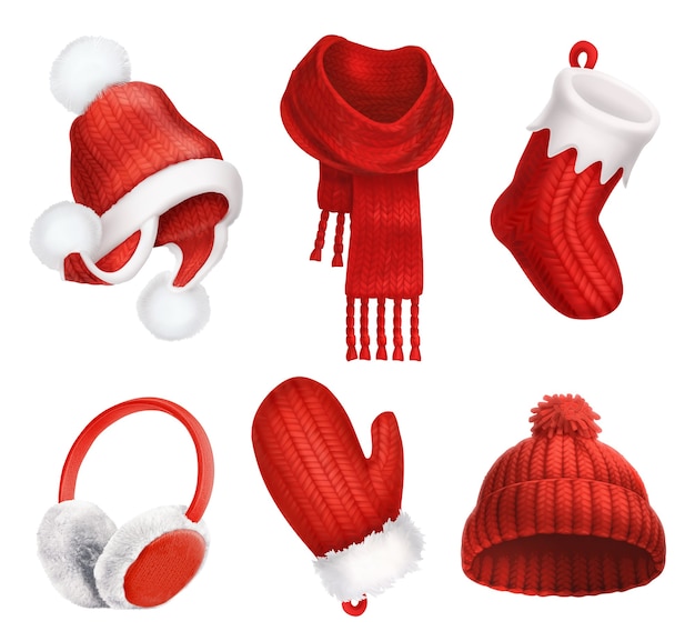 Ropa de invierno. Sombrero tejido. Calcetín navideño. Bufanda. Mitón. Orejeras Icono de vector 3d