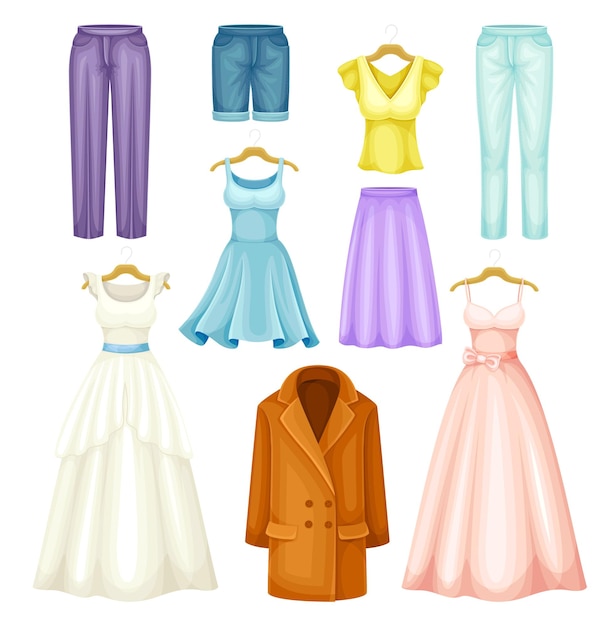 Ropa limpia y limpia con vestido en colgante y conjunto vectorial de abrigo