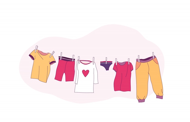 Ropa linda del bebé que se seca en la cuerda. ilustración.