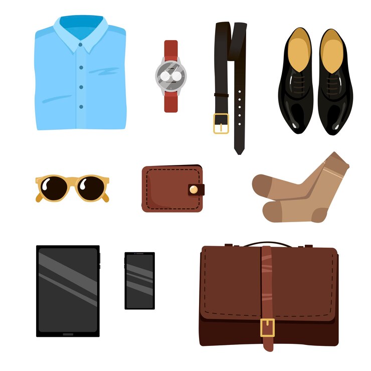 Vector ropa masculina para trabajo de oficina. conjunto de accesorios formales de negocios, ropa para ilustración de servicio oficial. cinturón, billetera, zapatos, maletín, camisa, corbata, teléfono