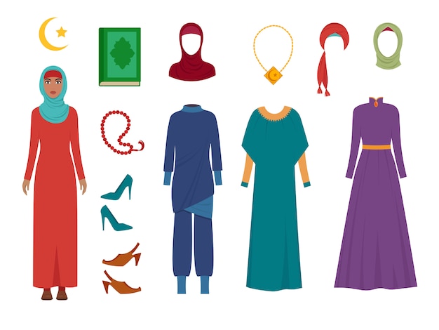 Ropa mujer árabe. artículos de vestuario femenino de nacional, vestido de hijab con velo, musulmanes iraníes, imágenes chicas turcas | Vector Premium