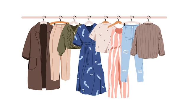 Ropa de mujer colgando en el riel del colgante. Armario femenino casual, vestido femenino en el estante. Vestimenta moderna, ropa en fila para la venta, caridad, stock. Ilustración vectorial plana aislada sobre fondo blanco