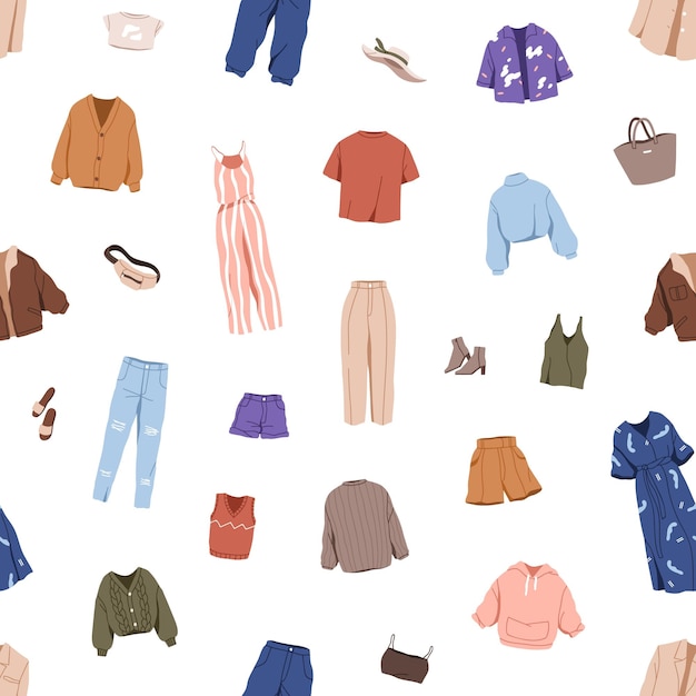 Ropa de mujer de moda con patrón sin costuras Ropa femenina moderna con impresión repetida Diseño de fondo sin fin Accesorios de primavera y verano Ropa casual Ilustración vectorial plana de colores para tela