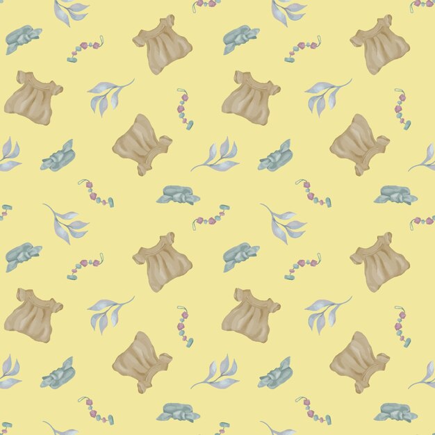 Ropa de niña y elementos florales patrón sin costuras aislado en beige Banda para la cabeza y el dentador del vestido de bebé en acuarela dibujada a mano Impresión para niños pequeños en tonos pastel Elementos para fondo textil