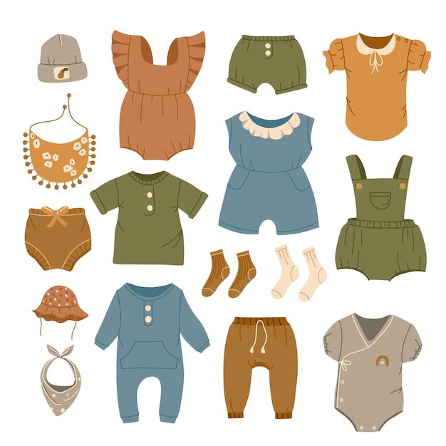 Ropa para niños y niñas cosas para recién nacidos ilustración de vector de estilo boho aislado sobre fondo blanco para su diseño