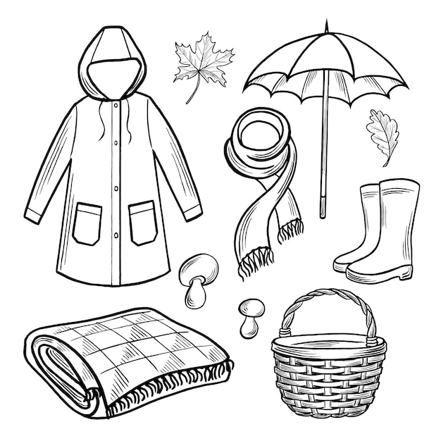 Ropa de otoño y paraguas impermeable bufanda y botas de goma canasta con setas de manta