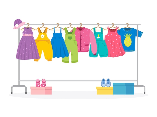 Ropa en percha Escaparate de tela con estante ropa compras ventas reciente vector dibujos animados fondo coloreado