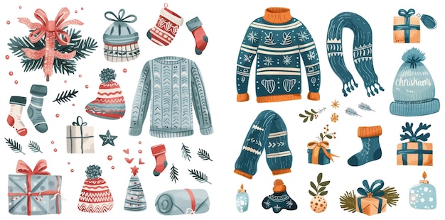 Vector ropa de punto de invierno y decoración navideña regalos de abeto