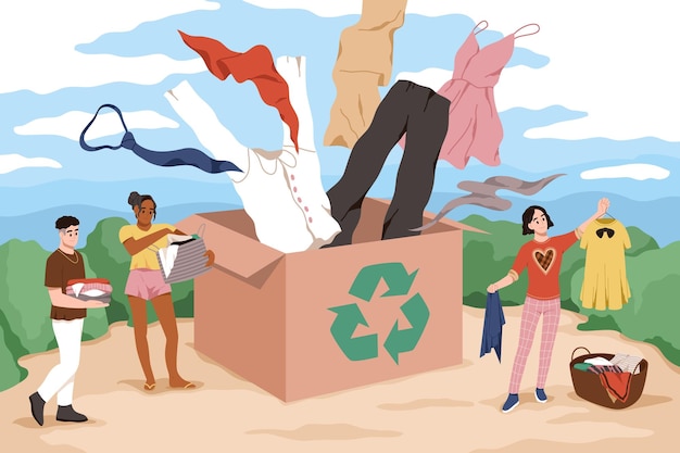 Ropa reciclada Textiles cosas contenedor de donación para recoger viejos trajes personas felices regalan vestidos y pantalones ilustración plana de dibujos animados concepto vectorial ordenado de cero residuos
