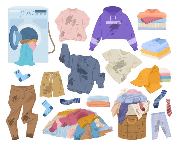 Vector ropa sucia de dibujos animados arrugada ropa manchada cesta de lavandería y pila de ropa limpia colección de ilustración de vector plano conjunto de ropa de lavandería