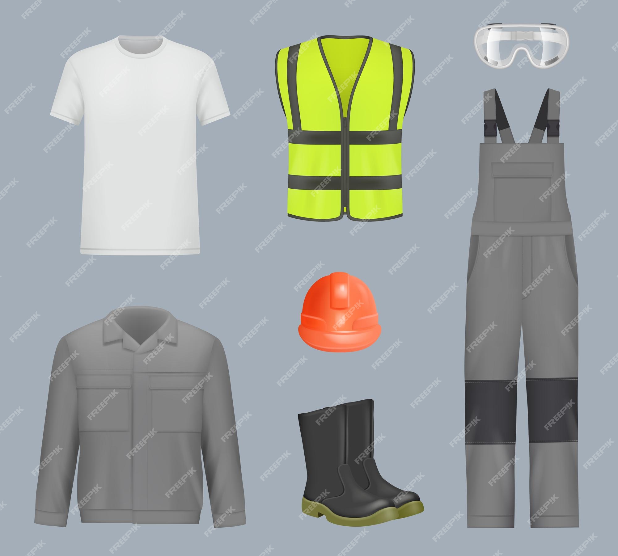 Colaborar con Superficie lunar simpatía Ropa de trabajo industria uniformes realistas trabajadores pantalones casco  botas y chaqueta ropa industrial con luz de reflexión ilustraciones  vectoriales decentes | Vector Premium