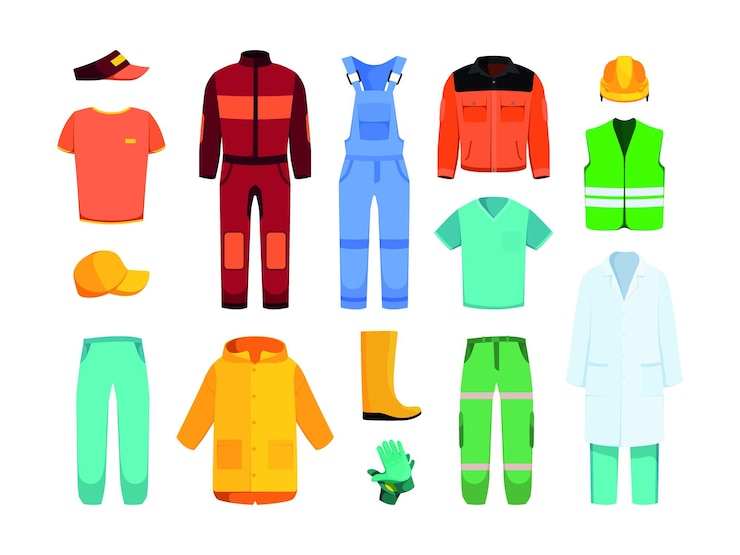 Vector ropa de trabajo industrial chaquetas pantalones cascos ropa profesional traje para trabajadores mensajeros constructores médicos uniforme colección de moda de vector chillón