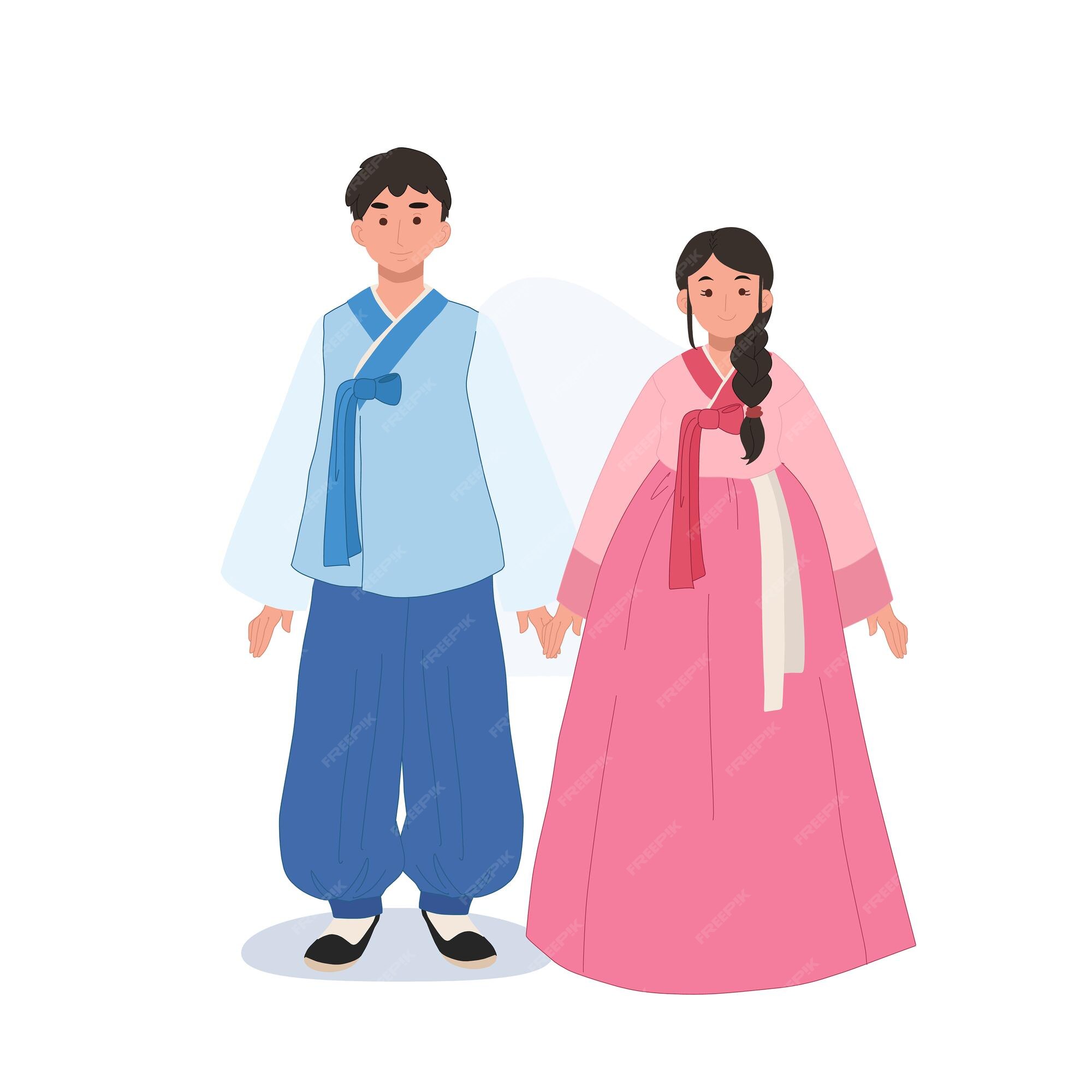 Ropa hombre y mujer en tradicionales coreanos asia vector ilustración | Vector Premium