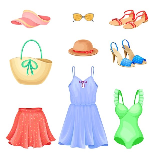 Ropa de verano con falda ensanchada y zapatos de punta abierta Conjunto vectorial
