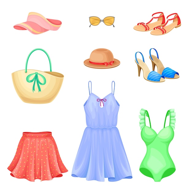 Vector ropa de verano con falda ensanchada y zapatos de punta abierta conjunto vectorial