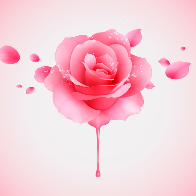 Rosa brillante rosa y pétalos voladores en ilustración 3d