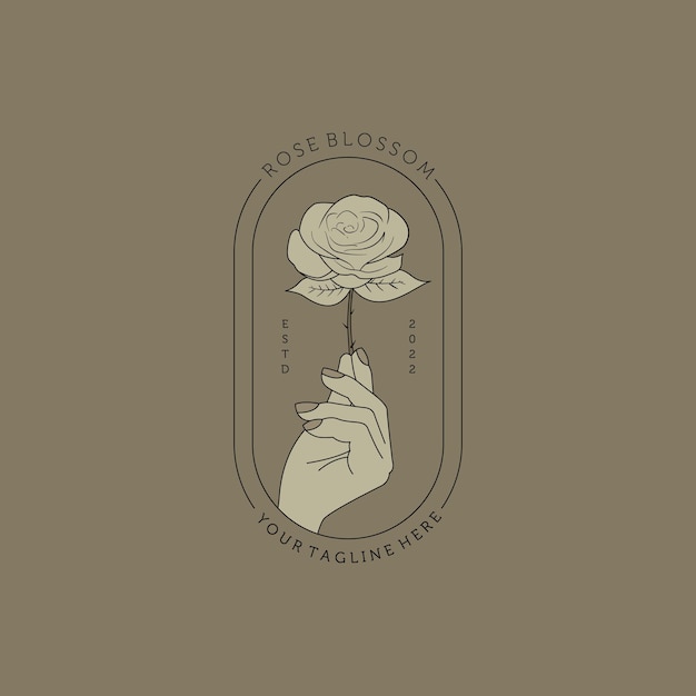 Rosa femenina dibujada a mano y logotipo de mano Ilustración vectorial Diseño de logotipo creativo en estilo femenino Plantilla de logotipo floral para blogger de moda estudio de diseño spa boda floristería belleza y moda