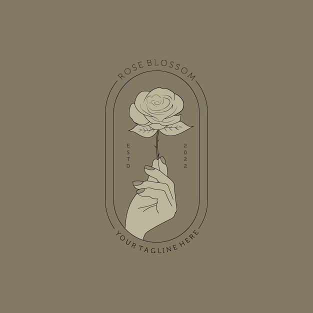 Rosa femenina dibujada a mano y logotipo de mano ilustración vectorial diseño de logotipo creativo en estilo femenino plantilla de logotipo floral para blogger de moda estudio de diseño spa boda floristería belleza y moda