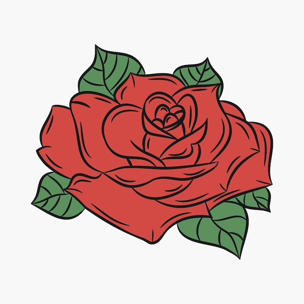 Rosa, flor con pétalo rojo y hojas verdes. ilustración vectorial.