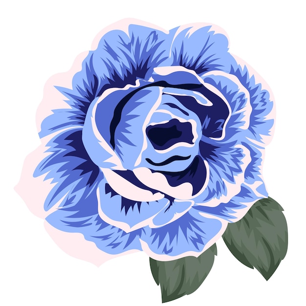 Vector rosa de peonía azul abierta con dos hojas verdes ilustración vectorial