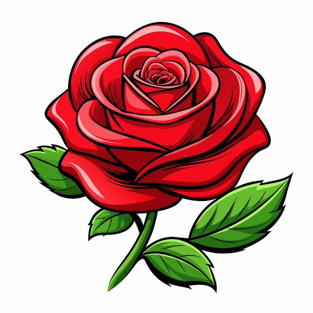 una rosa roja con hojas verdes en ella