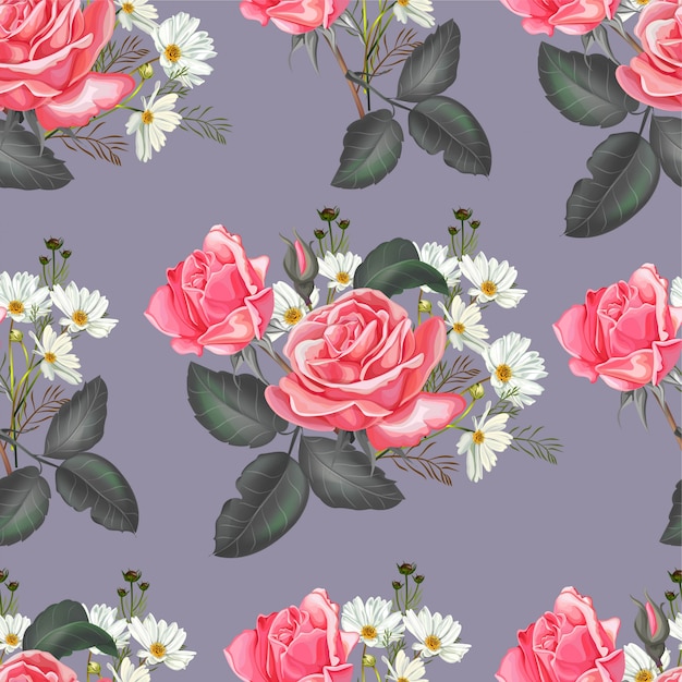 Rosa rosa y cosmos flor de patrones sin fisuras en púrpura