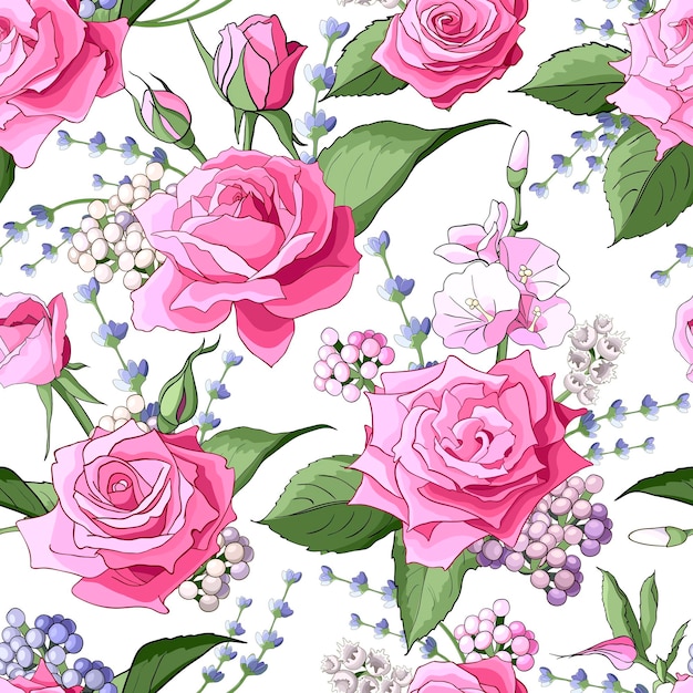 Rosa rosa flores hojas de patrones sin fisuras sobre fondo blanco