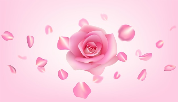 Una rosa rosa romántica ilustración realista con pétalos voladores diseño del Día de San Valentín para invitaciones