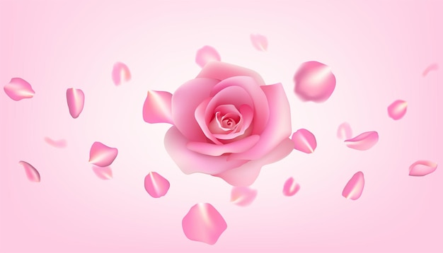 Vector una rosa rosa romántica ilustración realista con pétalos voladores diseño del día de san valentín para invitaciones