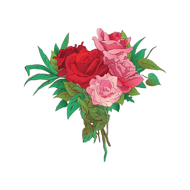 Rosa vector ilustración floral Ramo de flores con hojas exóticas aislado sobre fondo blanco.