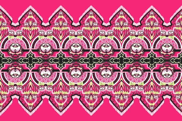 Vector rosa verde blanco negro flor en rosa geométrico étnico oriental patrón tradicional diseño para fondo alfombra papel pintado ropa envoltura batik tela vector ilustración bordado estilo