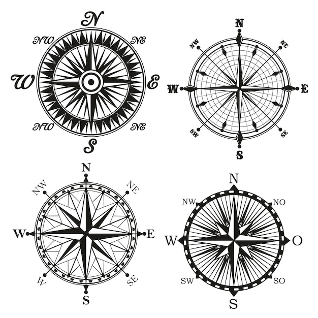 rosa, de, viento, brújula, retor, vector, iconos